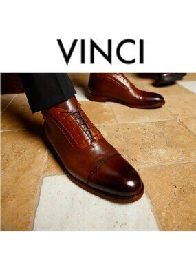 VINCI Men Brown Leather Cap Toe Oxford Ankle Boots Size 45 EU/12 US Dress Shoes